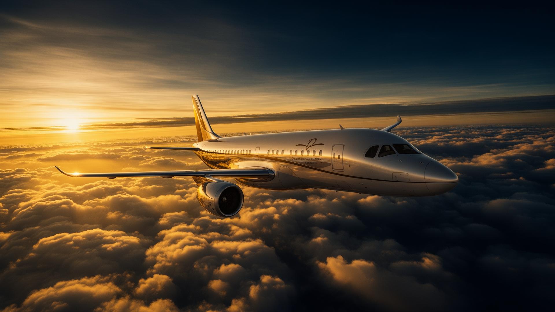 Premium airplane flying over clouds at sunset
